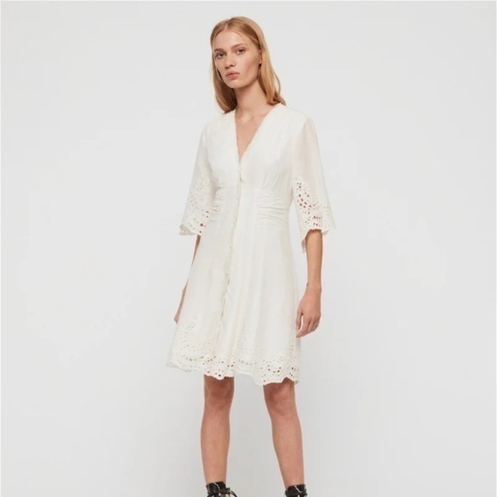 All Saints Una Broderie‎ Chalk White V-Neck Dress Size 4 New